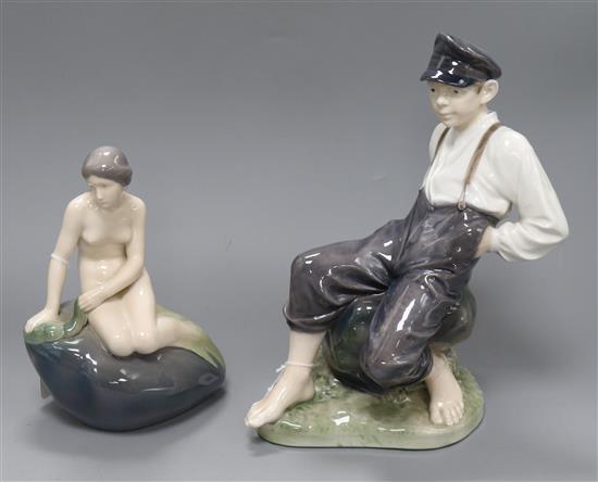 Two Royal Copenhagen figures, Little Mermaid and Fisher Boy tallest 32cm